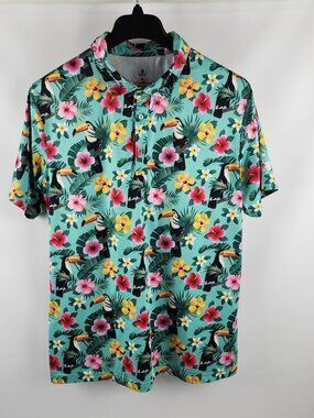 Breasy Shirt Mens XL Multi All-Over Print Tropical Birds S/S Golf Polo